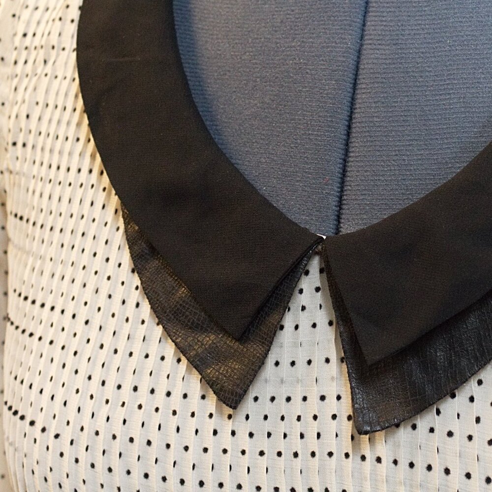 Pleated Long-Sleeve Black and White/Cream Polka Dot Fit and Flare Dress Medium - Picture 6 of 15